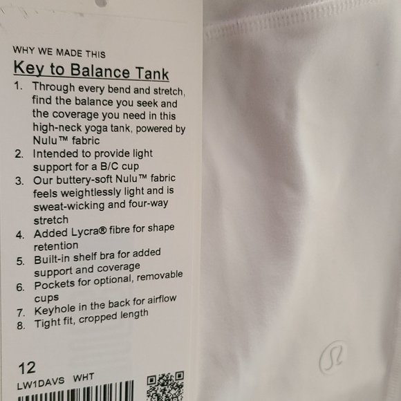 NWT Lululemon Key to balance tank Built-in bra in Nlu buttery-soft white… - Picture 6 of 7